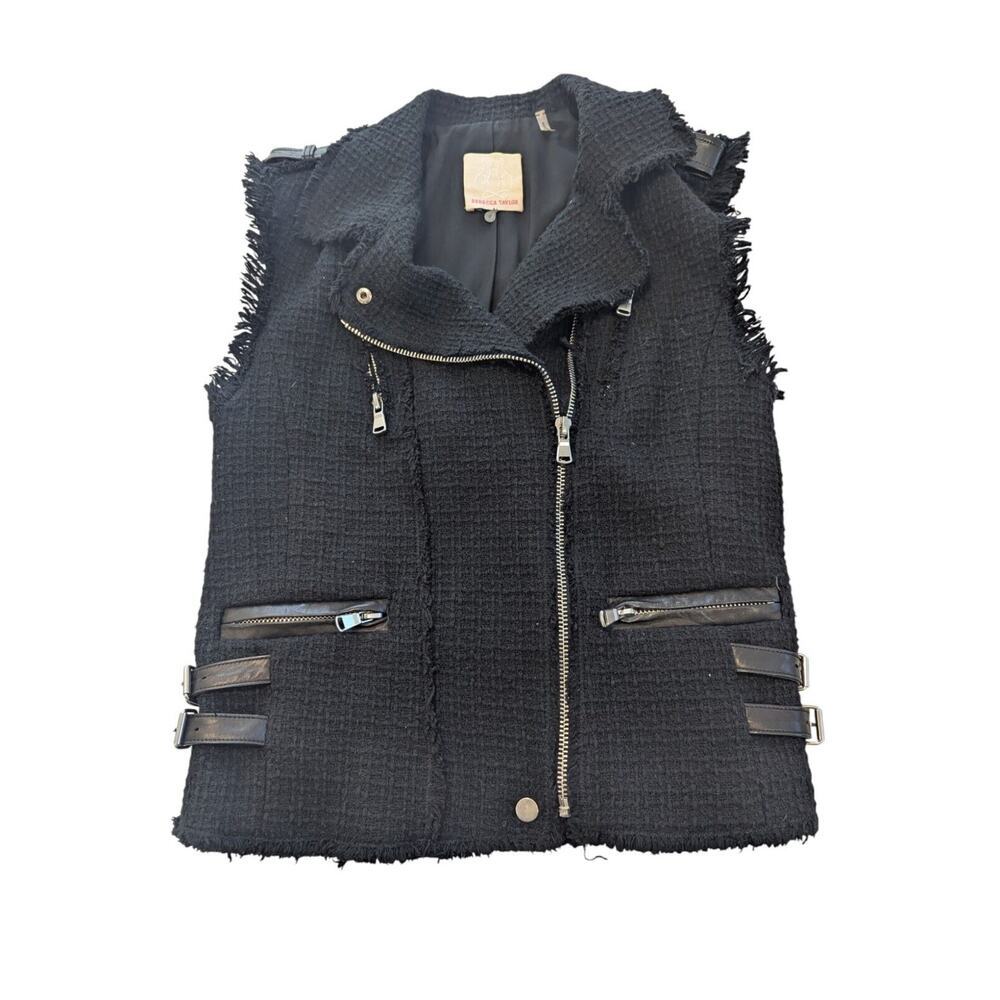 Rebecca Taylor Tweed Motorcycle Zip Vest Black Leather Size‎ 4